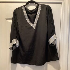 Sequin Glamorous Black V-Neck Top with Silver Sequin Accents